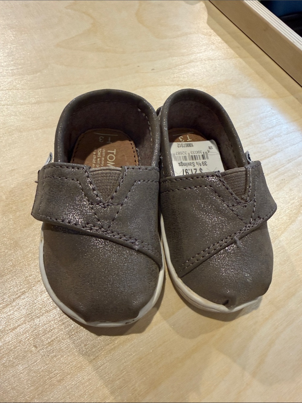 Toms Toddler Slip-On Shoes in Shimmery Gray with Velcro Strap